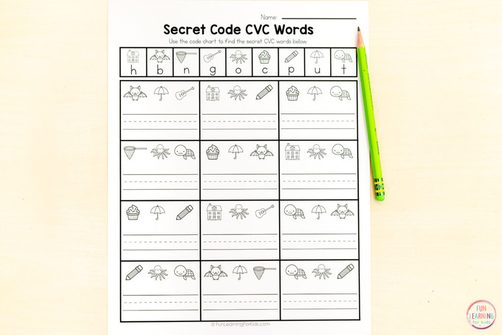 CVC secret code words practice pages for phonics skills reading and spelling practice.