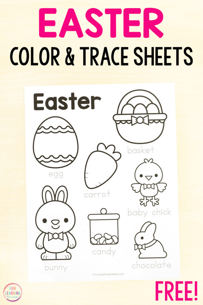 Easter coloring pages with vocabulary that students can use to write their sentences.