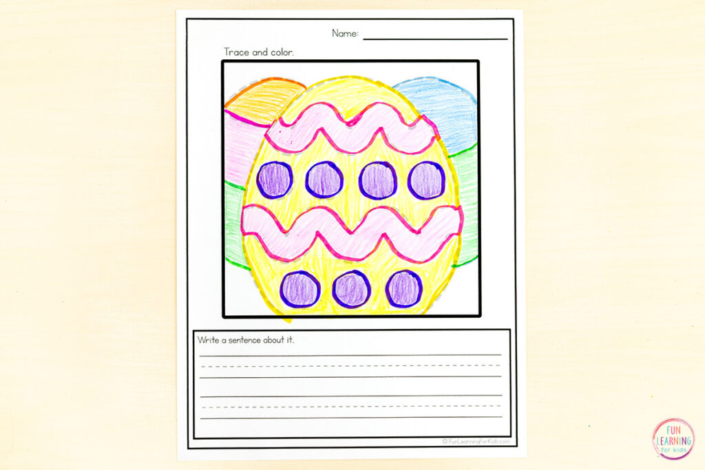 Easter trace, color and write pages that add writing practice to coloring.