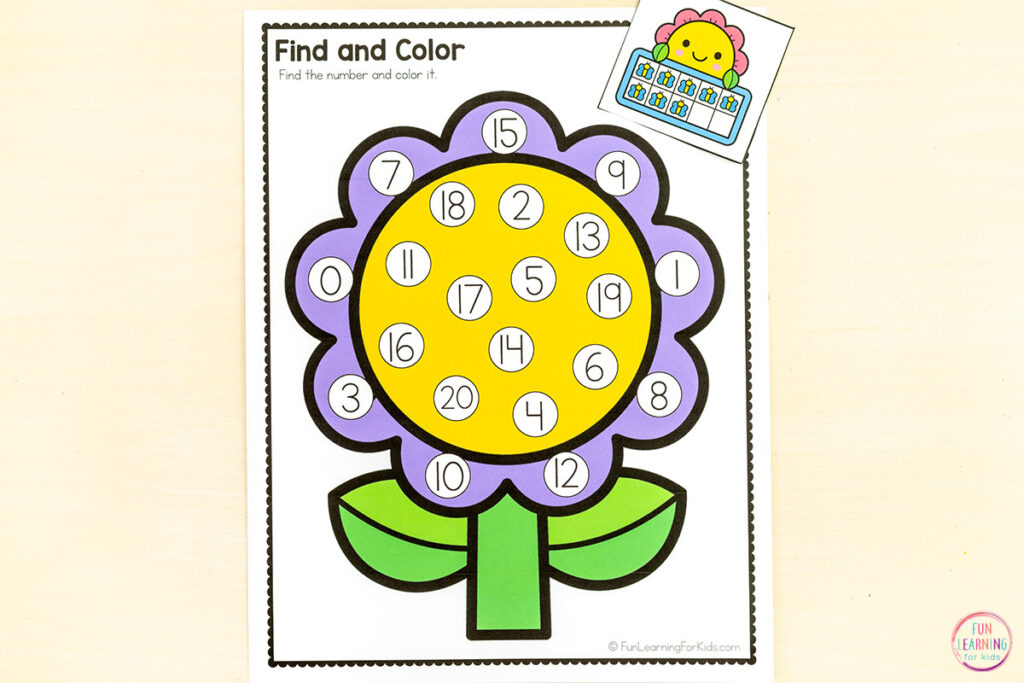 Flower find and color number sense activity for spring.