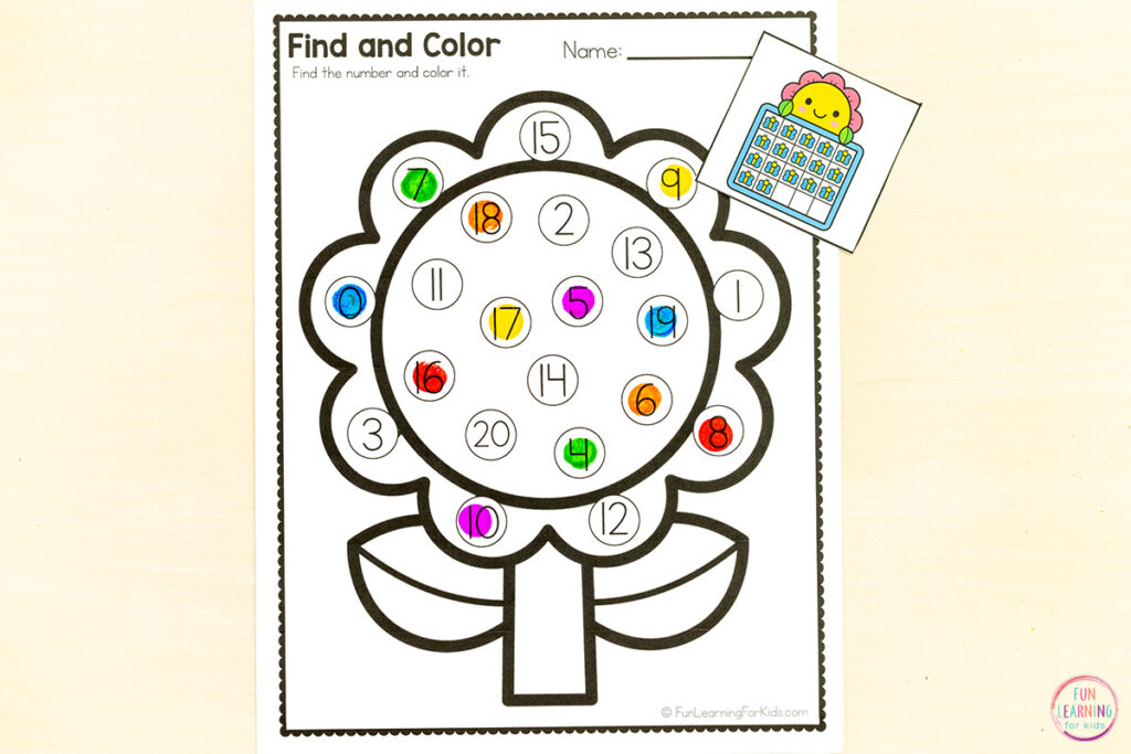 Flower find and color number hunt math activity that builds number sense in a fun, engaging way.