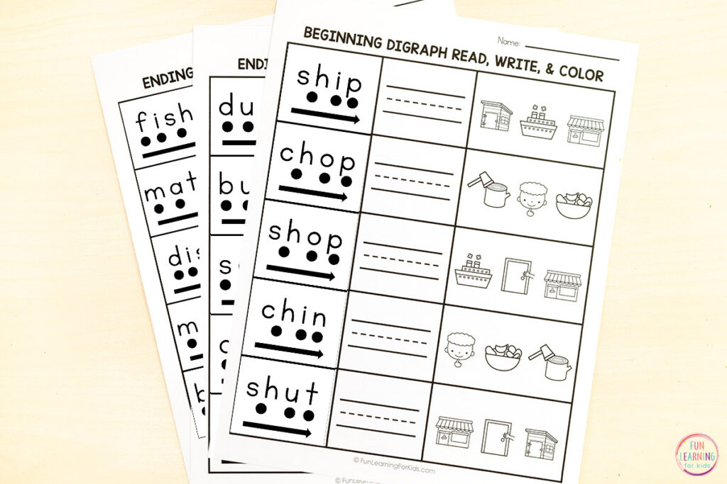 Free printable consonant digraph worksheets for kids to practice phonics skills.