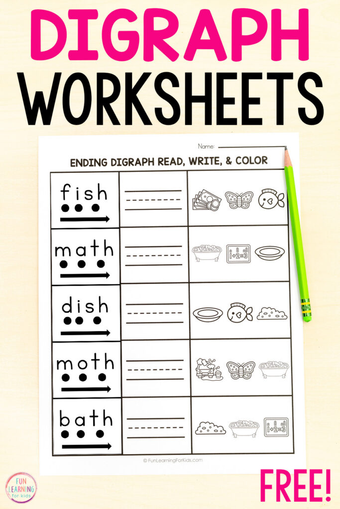 Digraph worksheets for learning to read, write and spell words with consonant digraphs.