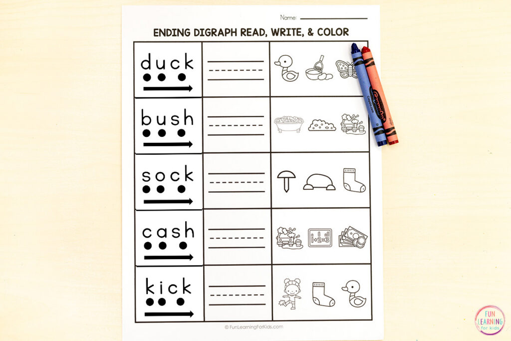 Free printable digraph worksheets phonics activity for learning to blend and segment words with digraphs.