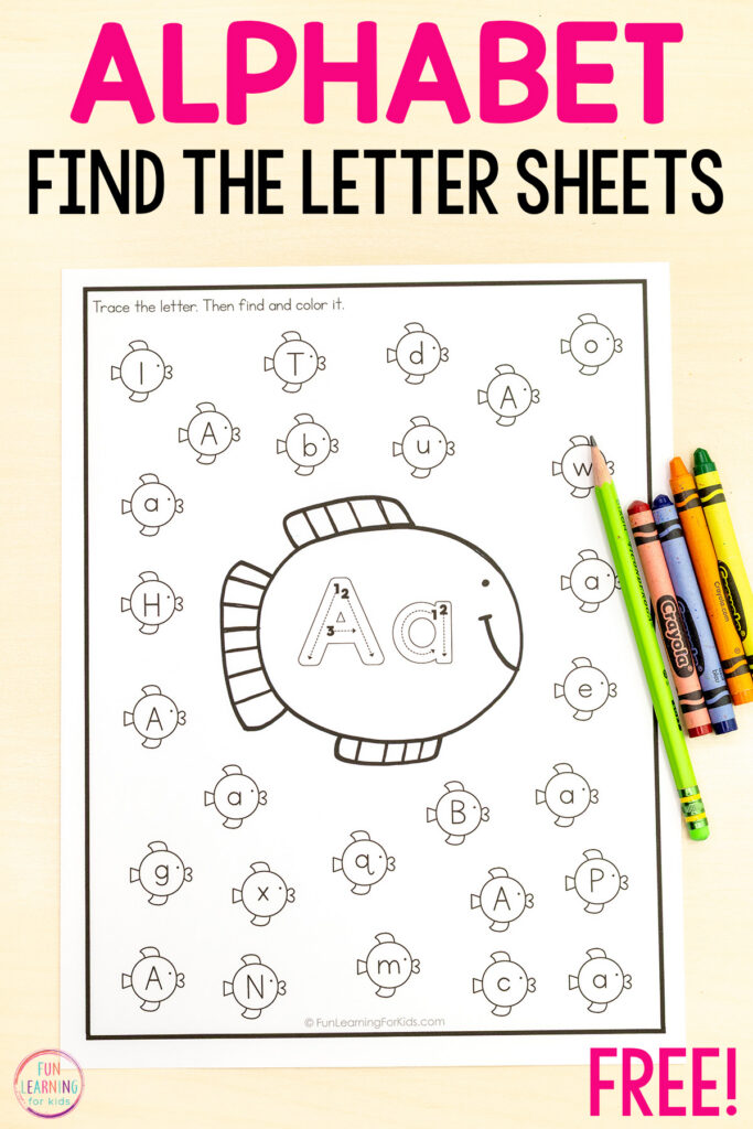 Fish find and color the letter alphabet worksheets for letter recognition practice in preschool or kindergarten.