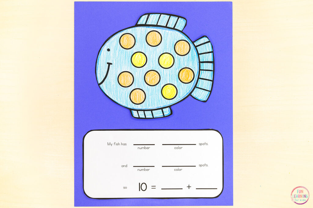 Fish number sense math craft for learning how to make ten, partners of ten, friends of ten in kindergarten.