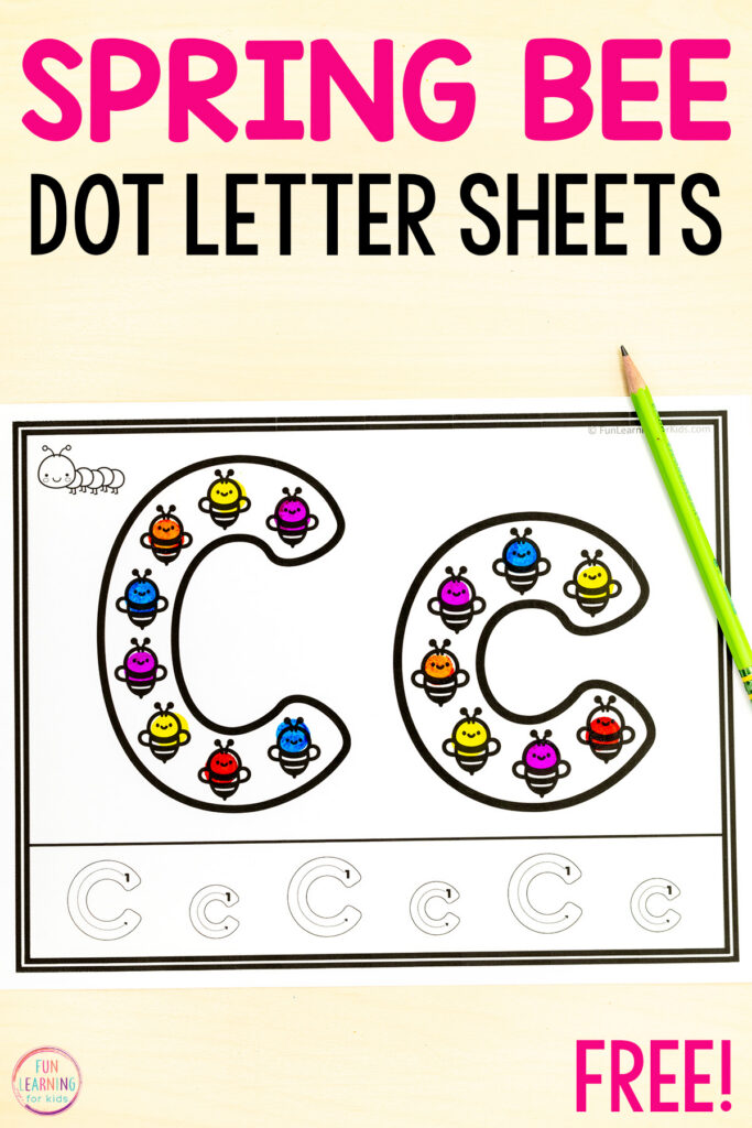Spring bee dot letter alphabet letter learning worksheets for preschool, pre-k and kindergarten.