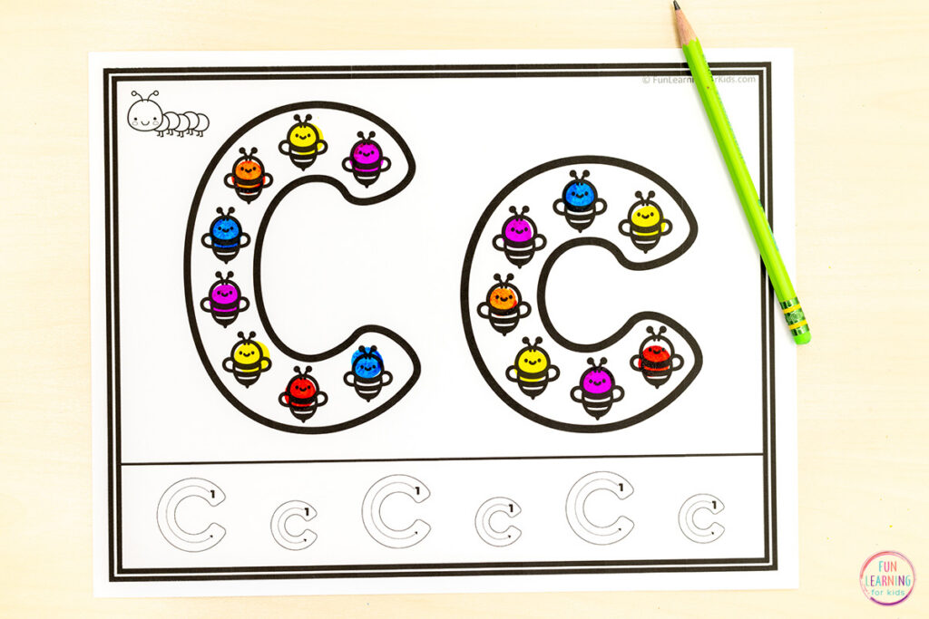 Spring dot marker worksheets for letter recognition, letter formation, letter sounds learning.