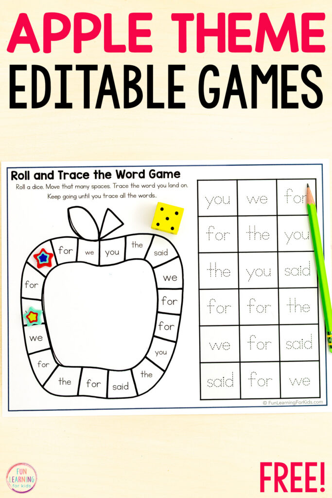 Apple back to school editable board game worksheets for learning reading fluency, spelling practice, letter learning and more.