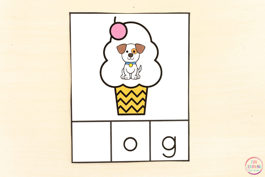 Summer ice cream theme CVC words activity that helps kids practice isolating phonemes to build spelling skills.