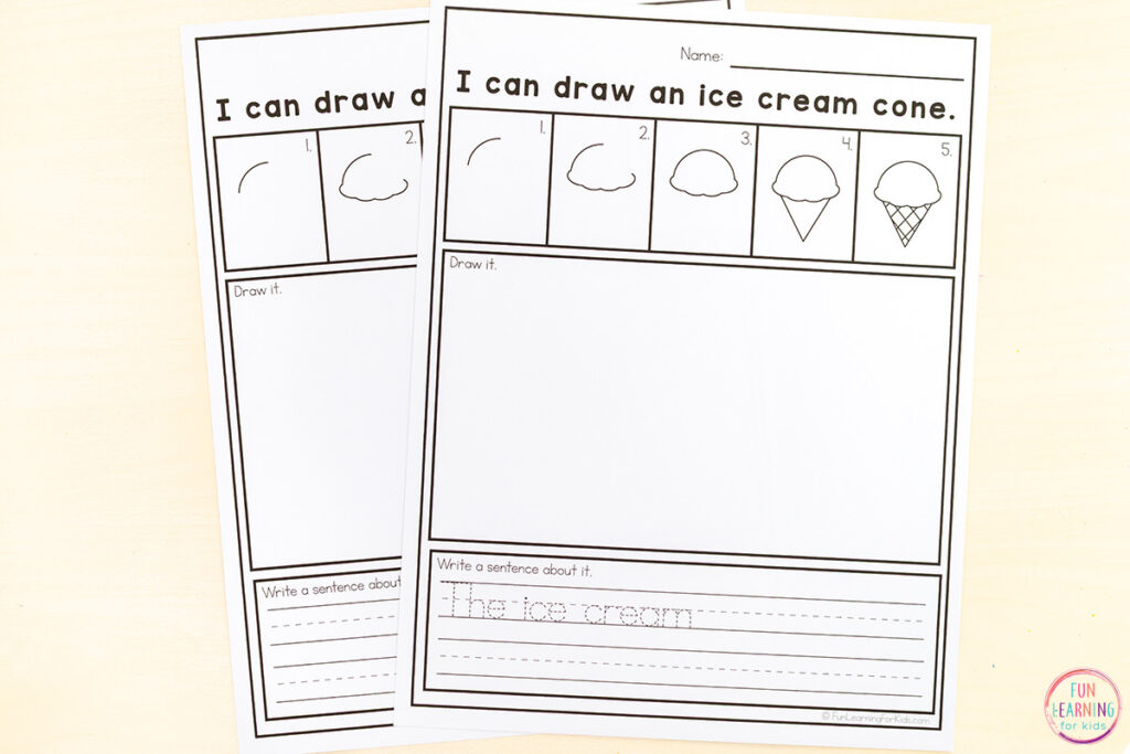 Ice cream summer directed drawing pages for kids to build fine motor skills, drawing skills and writing skills.