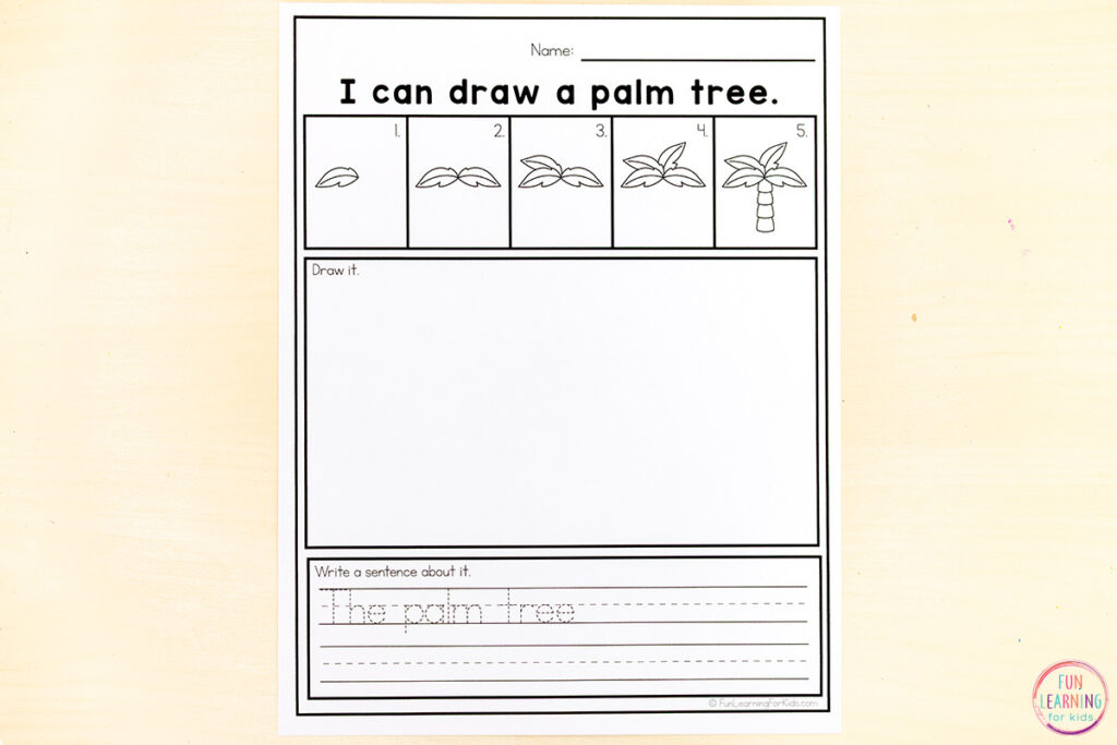 Free printable summer directed drawing worksheets for art and writing practice for kids.