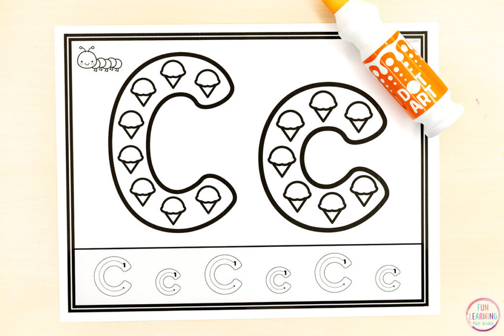 Summer theme bingo dauber alphabet worksheets for kids.