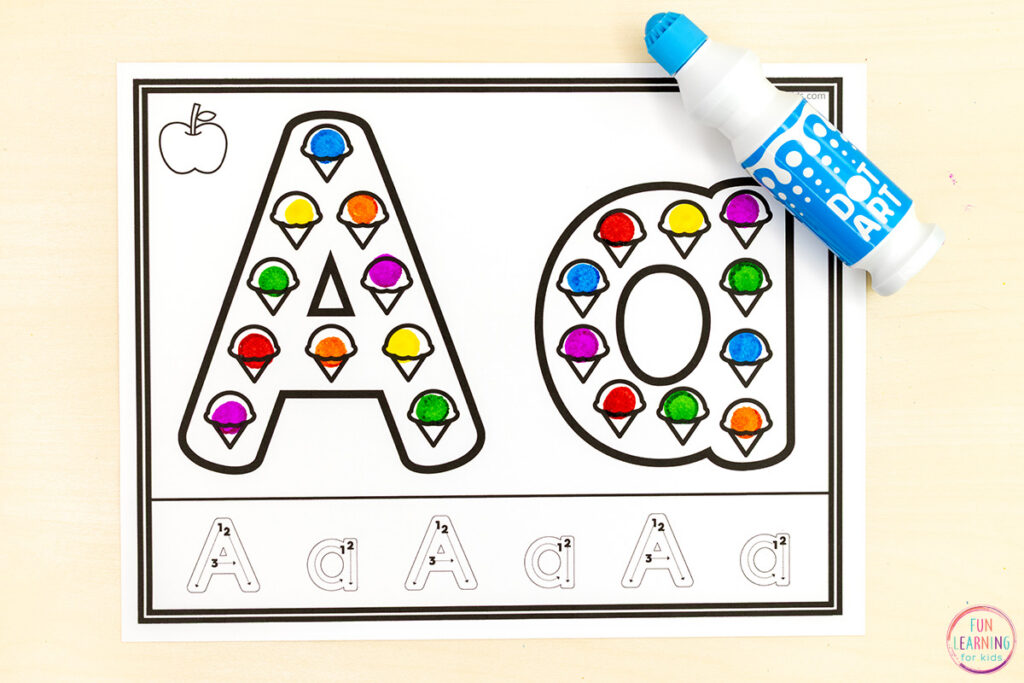Free printable dot marker worksheets for learning letters, letter formation and letter sounds in kindergarten and preschool.