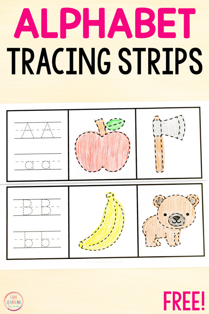 Alphabet beginning sounds tracing strips for learning letters and letter sounds in a fun, hands-on way in preschool and kindergarten.