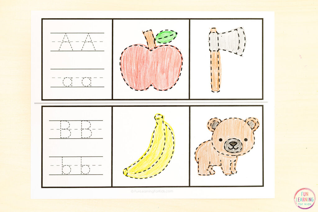 Alphabet beginning sounds tracing strips alphabet worksheets for kids to build letter recognition and phonics skills.