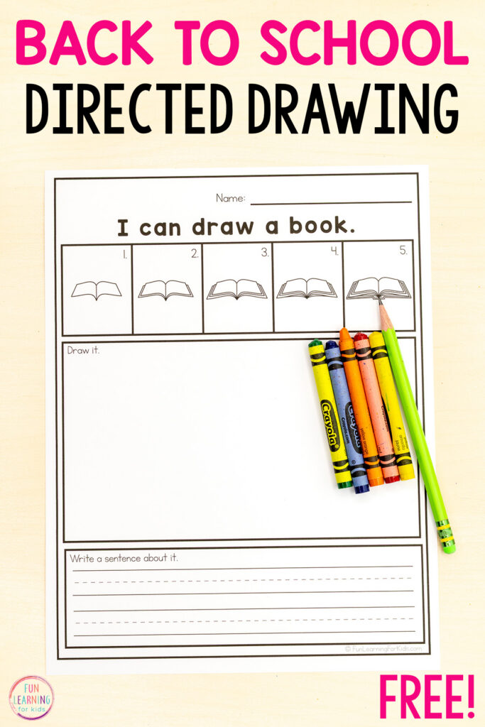 Back to school directed drawing activity for kids to learn drawing skills while practicing writing sentences in kindergarten and first grade.