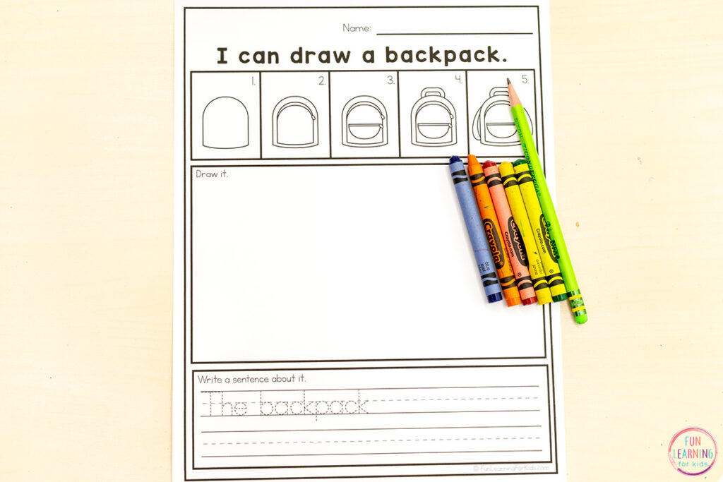 Back to school directed drawing activity for learning to write simple sentences in kindergarten and first grade.
