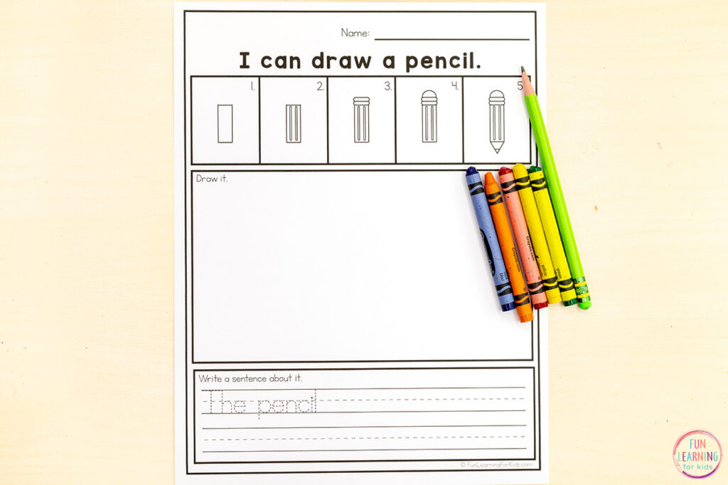 Use these directed drawing sheets to add more fun to your back to school writing centers in first grade.