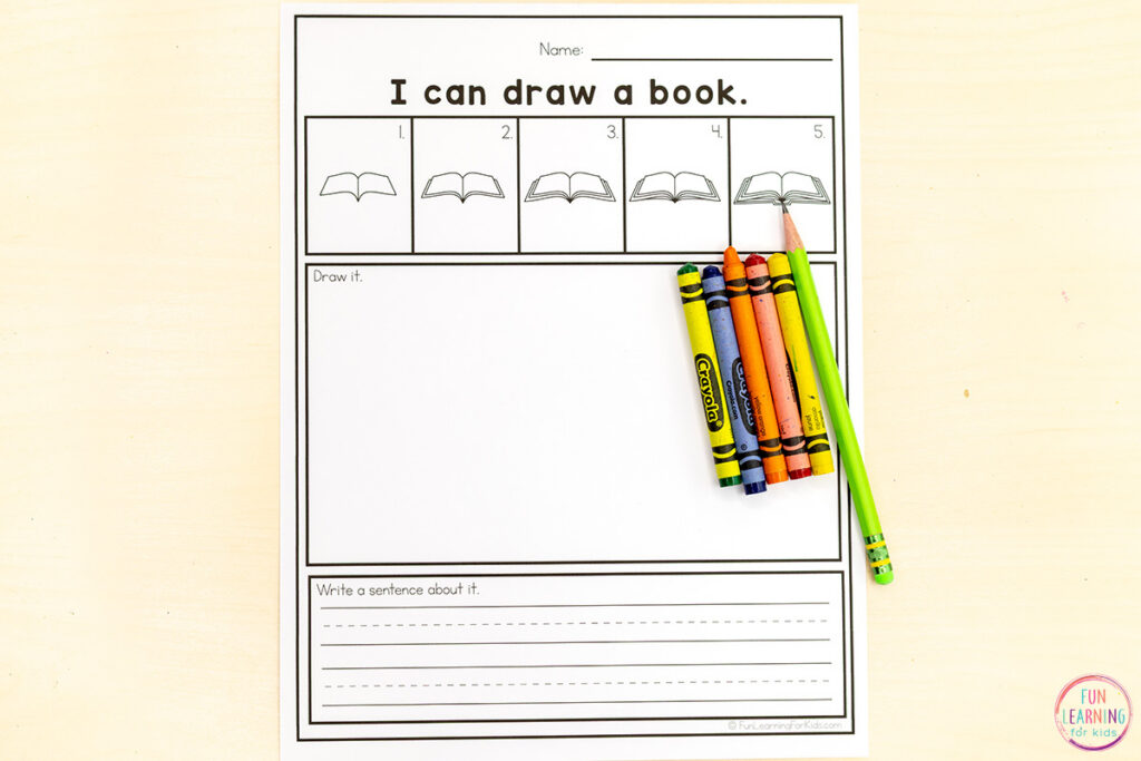 Students will have fun learning to write sentences while practicing drawing skills. A great addition to back to school literacy centers in first grade.