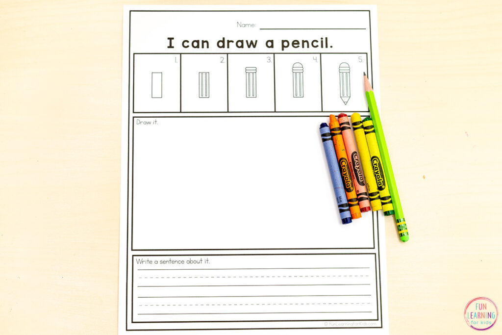 Back to school directed drawing activity sheets for a fun way to practice sentence structure and early writing skills.