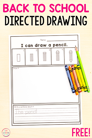 Back to school directed drawing sheets for drawing and writing practice in kindergarten and first grade.