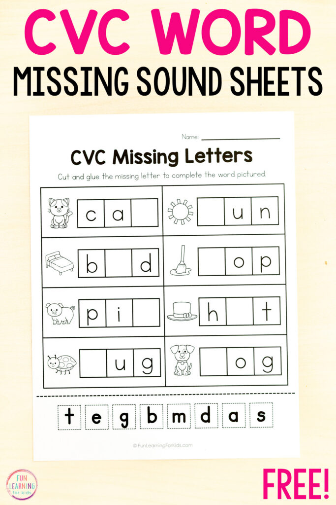 CVC word worksheets for hands-on practice with phoneme isolation as well as blending and segmenting sounds.