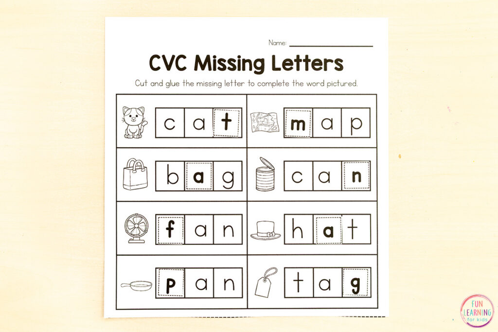 CVC missing letters printable activity sheets for phonics lessons or literacy centers.