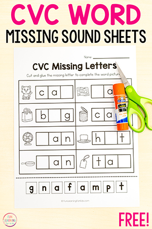 CVC word cut and paste missing sound worksheets for kids who are learning to read.