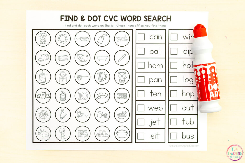 CVC word search phonics activity sheets for kids in kindergarten and first grade.