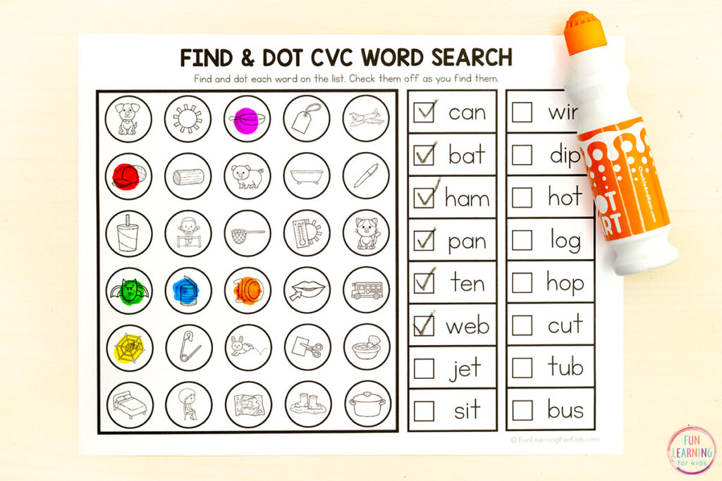 Fun CVC word search activity sheets for practice with reading CVC words and building phonics skills.