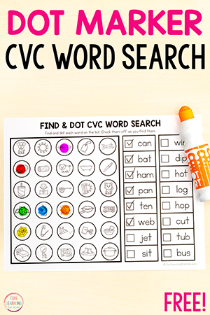 CVC word search phonics worksheets for kids who are learning to read and spell CVC words.