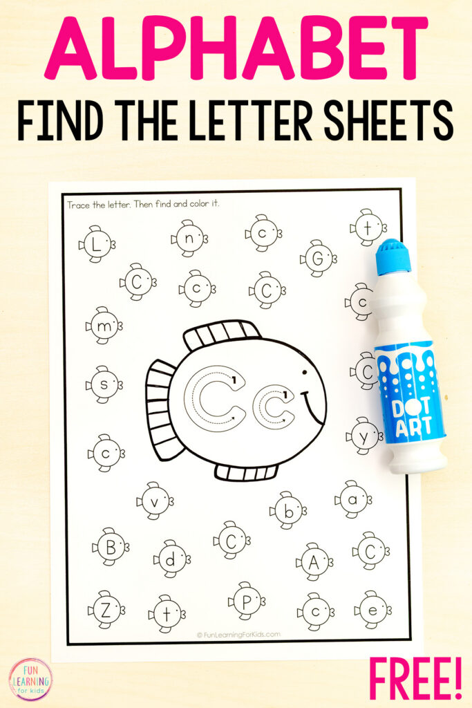 Ocean theme find and dot the letter alphabet worksheets for kids to practice letter recognition and visual discrimination.