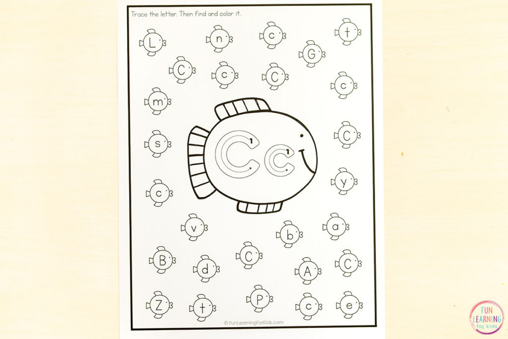 Fish letter recognition alphabet worksheets for letter learning in preschool and kindergarten.