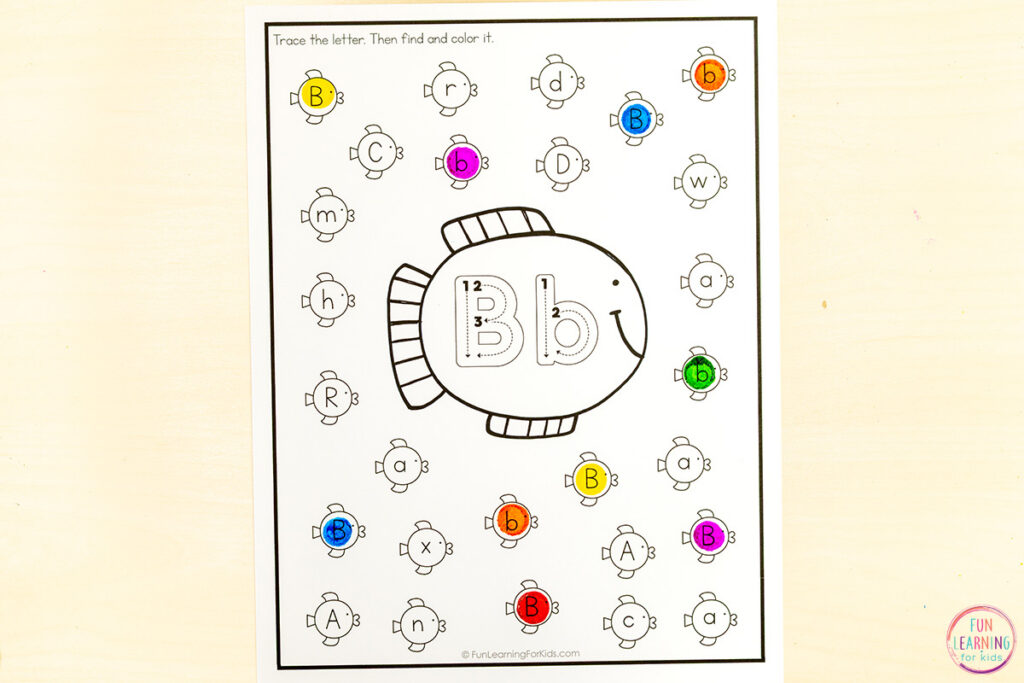 Fish alphabet worksheets for summer fun and learning.