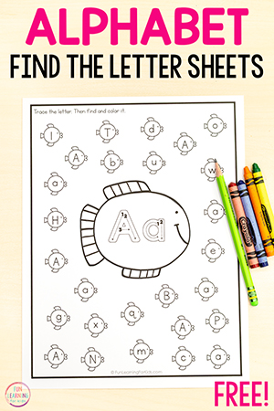 Fish alphabet letter learning worksheets for preschool and kindergarten.