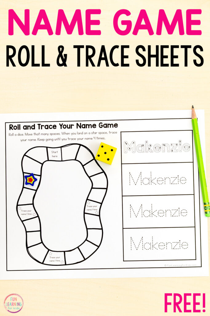 Name recognition and writing board game worksheets for preschool and kindergarten students who are learning to write and spell their name.