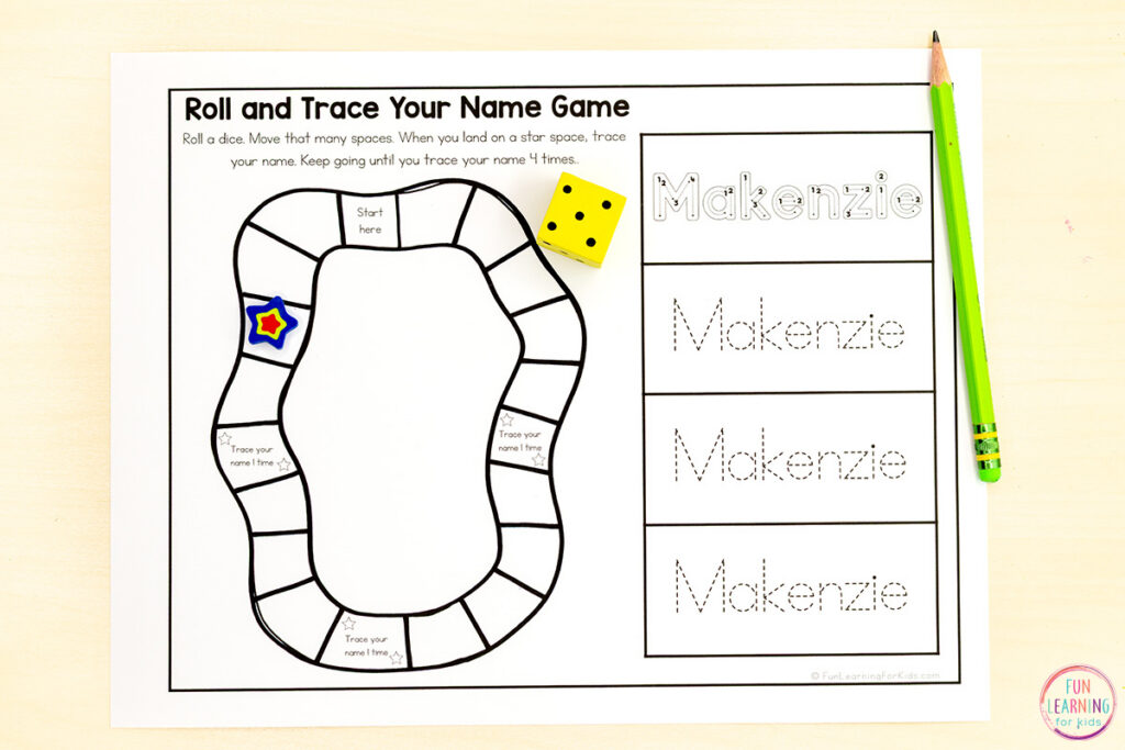 Roll and trace your name game for kids to play while learning to read, write and spell their name.