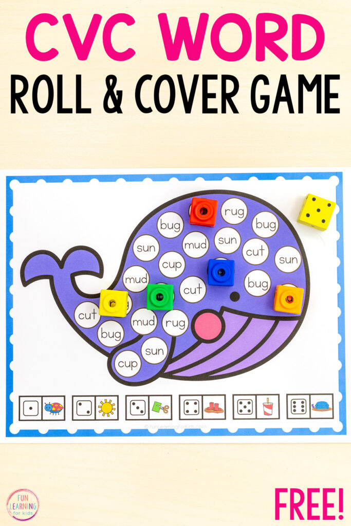 Free printable ocean theme CVC reading game for kids to develop CVC reading fluency.
