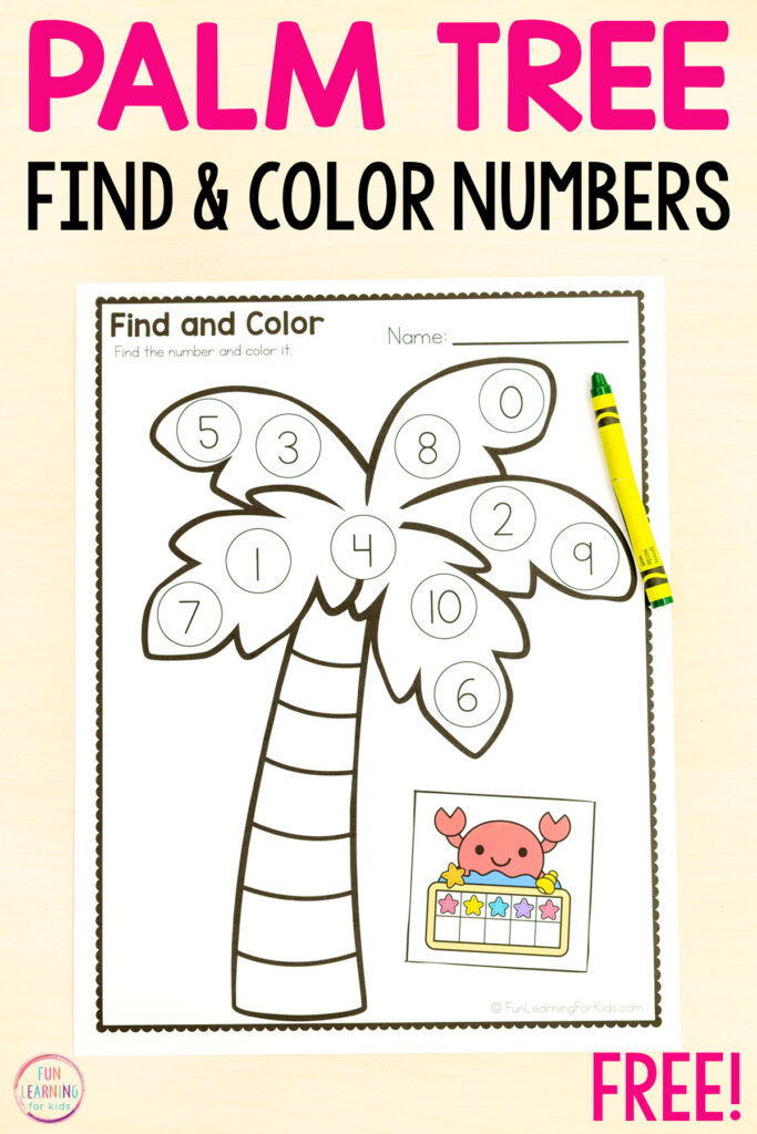 Palm tree find and color the numbers activity sheets that create a fun number hunt for kids in preschool and kindergarten.