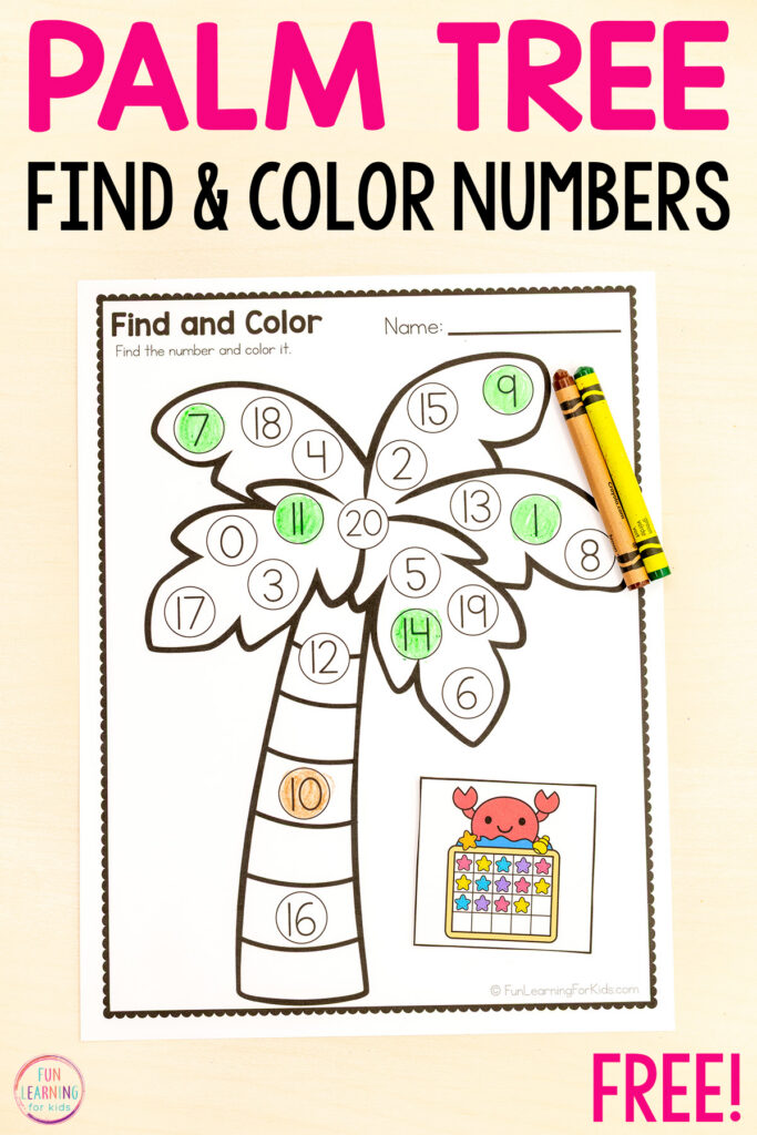 Palm tree number hunt activity for kids to use like a count the room activity.