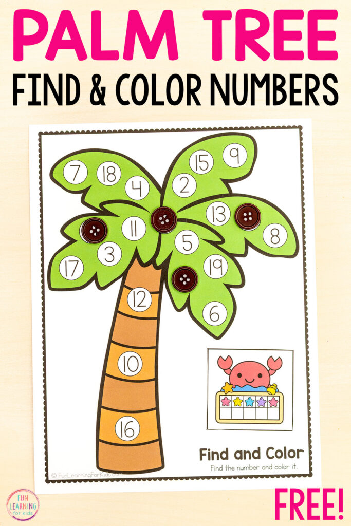 Palm tree find and color numbers activity for math centers during the summer or back to school season.