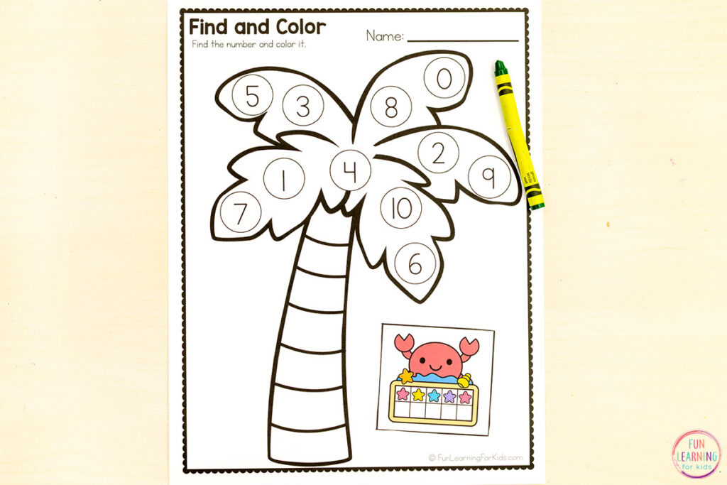 A summer or Chicka Chicka Boom Boom palm tree number sense activity for kids who are learning numbers and counting.