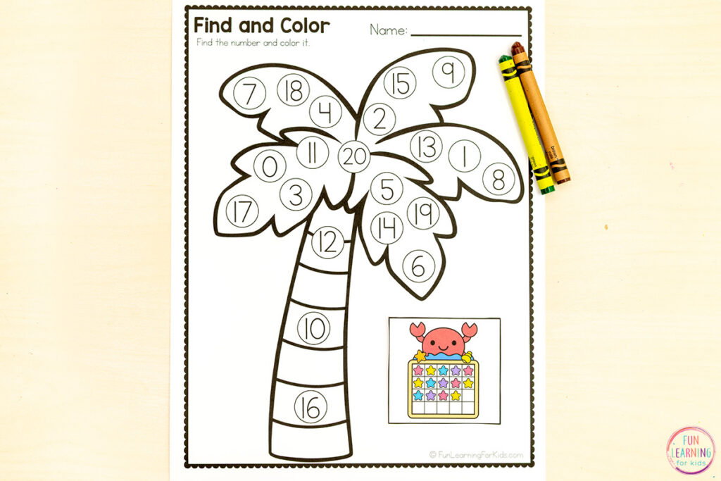 Free printable summer math activity for kids who are learning numbers, counting and number recognition.