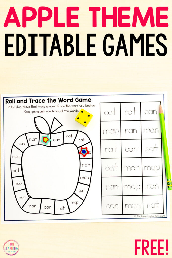Editable apple theme board game worksheets reading activity for kids to practice reading fluency and spelling this fall back to school season in kindergarten or first grade.