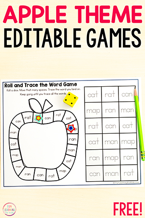 Apple back to school editable board game worksheets for kids in kindergarten or first grade who need practice with reading, sight words, heart words and more.