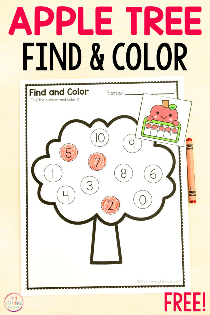 Apple theme number hunt activity for building number sense in preschool and kindergarten.