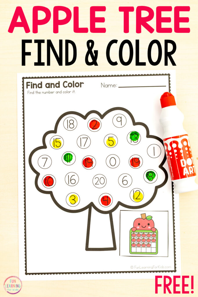 Apple tree find and color the number sheets for learning number recognition, counting and building number sense skills.