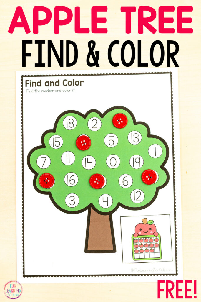 Apple tree find and color the number activity for kids to build number sense in preschool and kindergarten.