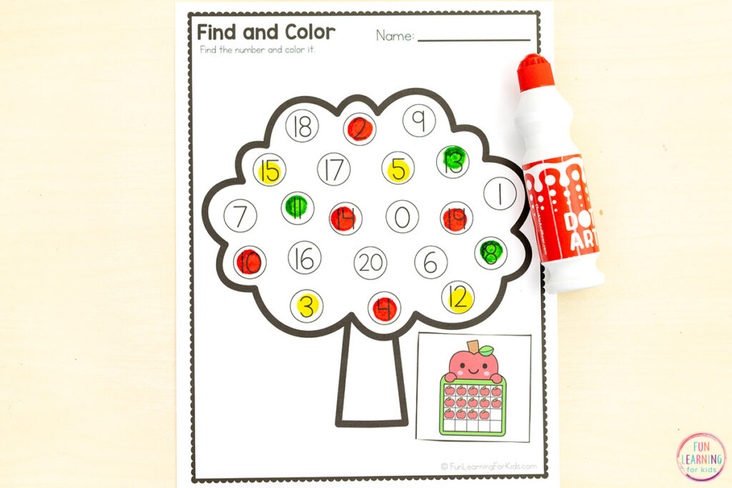 Apple tree number sense math activity number hunt for fall.